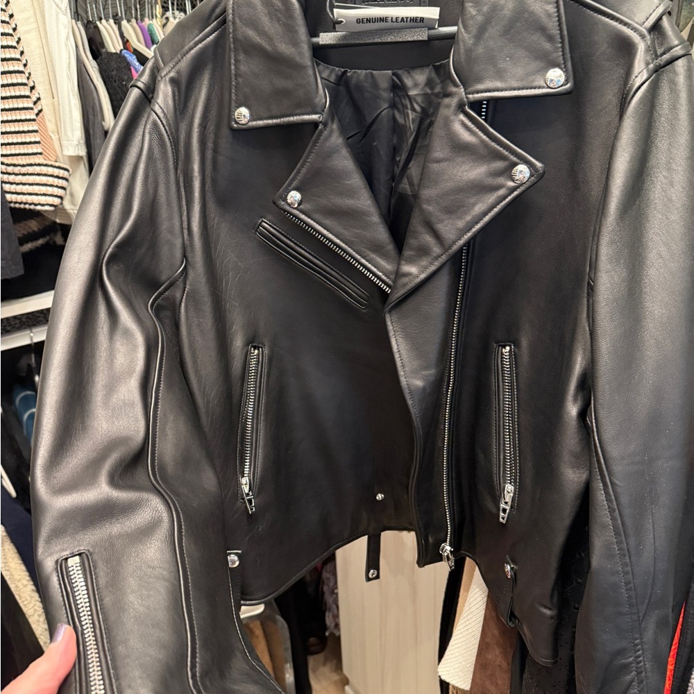 Blank NYC Black Leather Biker Jacket with Asymmetrical Zipper and Waist Belt
